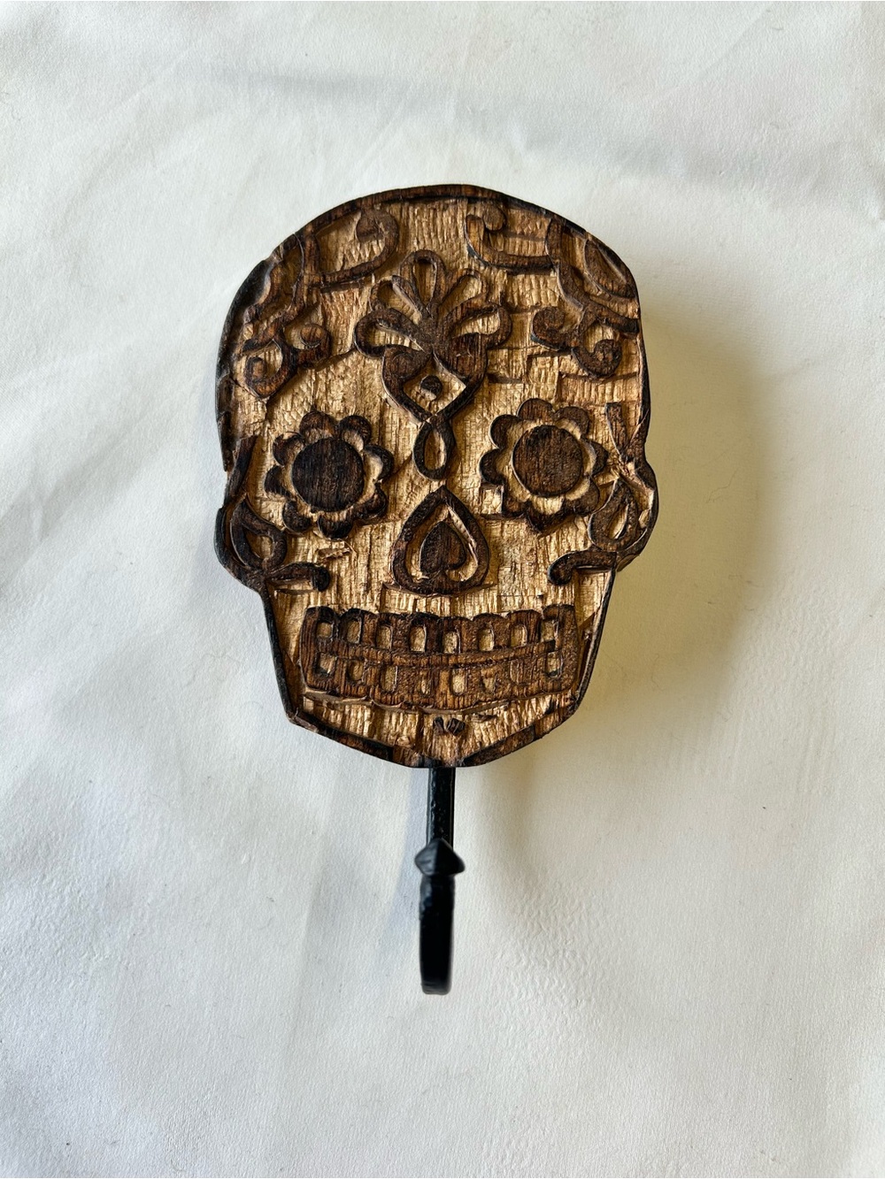 Wooden Sugar Skull Wall Hook - Brown